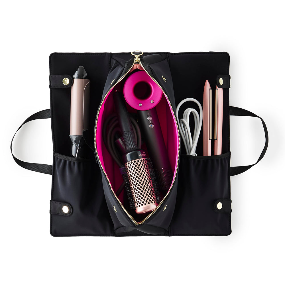 KUSSHI hair tools bag front view in black protects tools during travel.