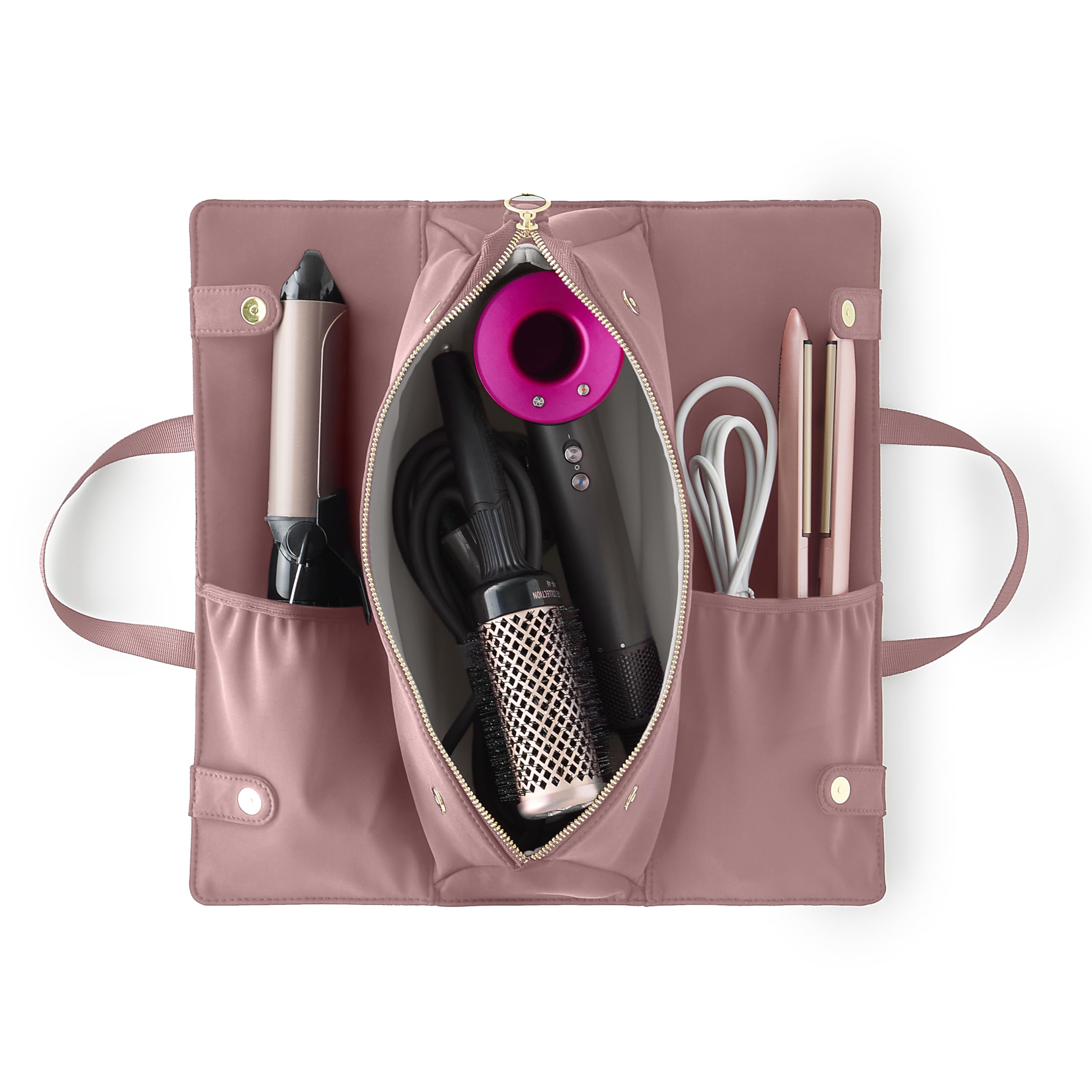 KUSSHI hair tools bag open in mauve showing organized travel-ready layout