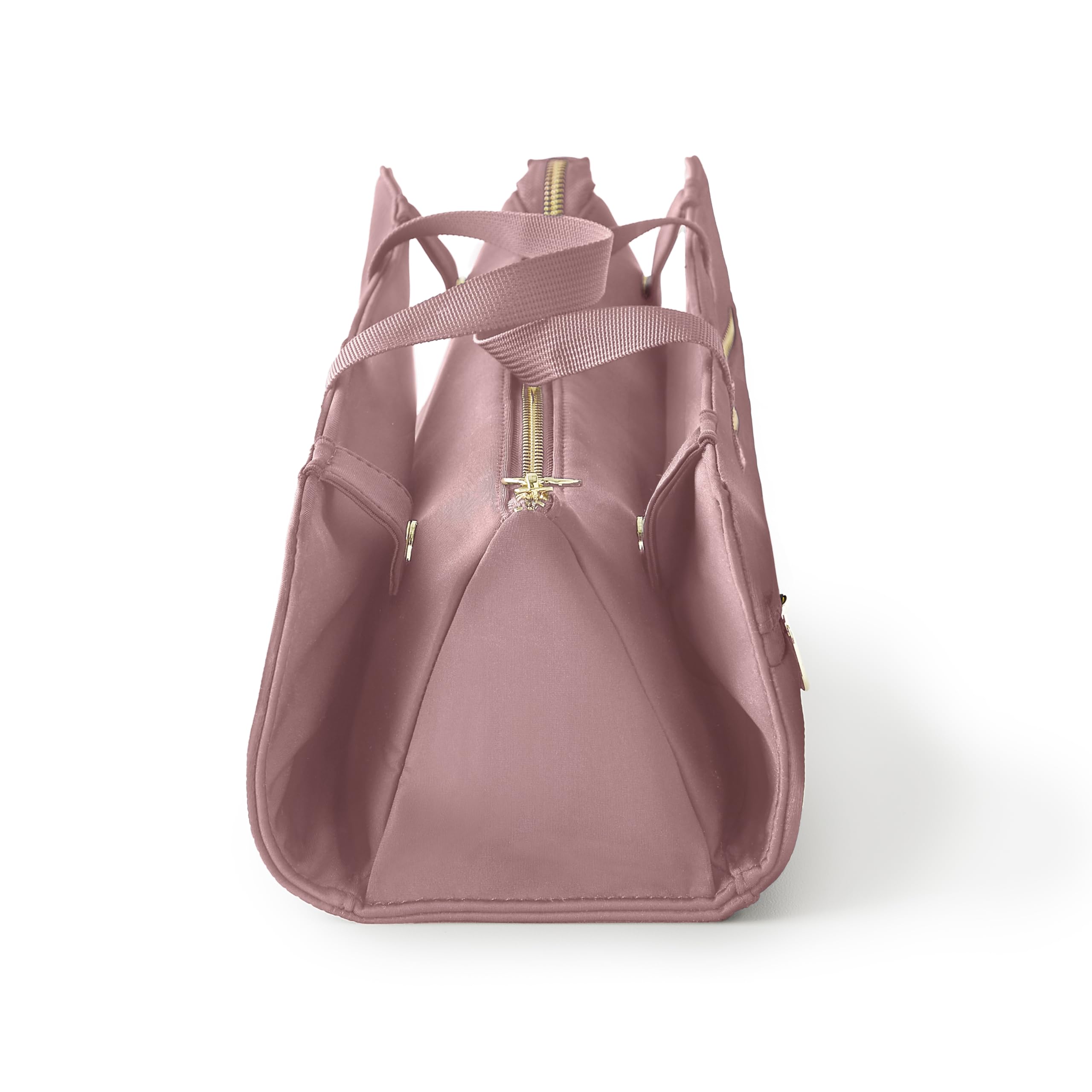 KUSSHI mauve travel bag pictured in-use, ideal for on-the-go styling