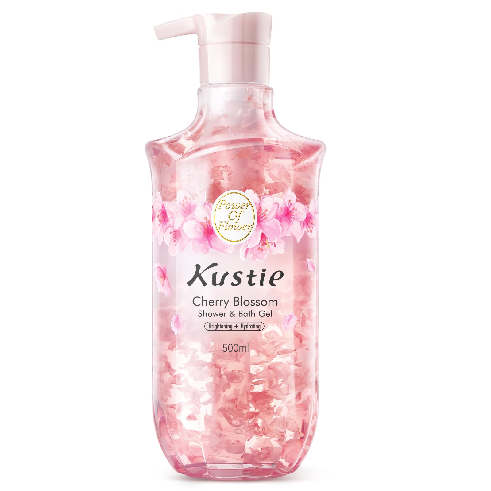 Kustie cherry blossom petal drop highlights real petals for a spa-like bath experience.