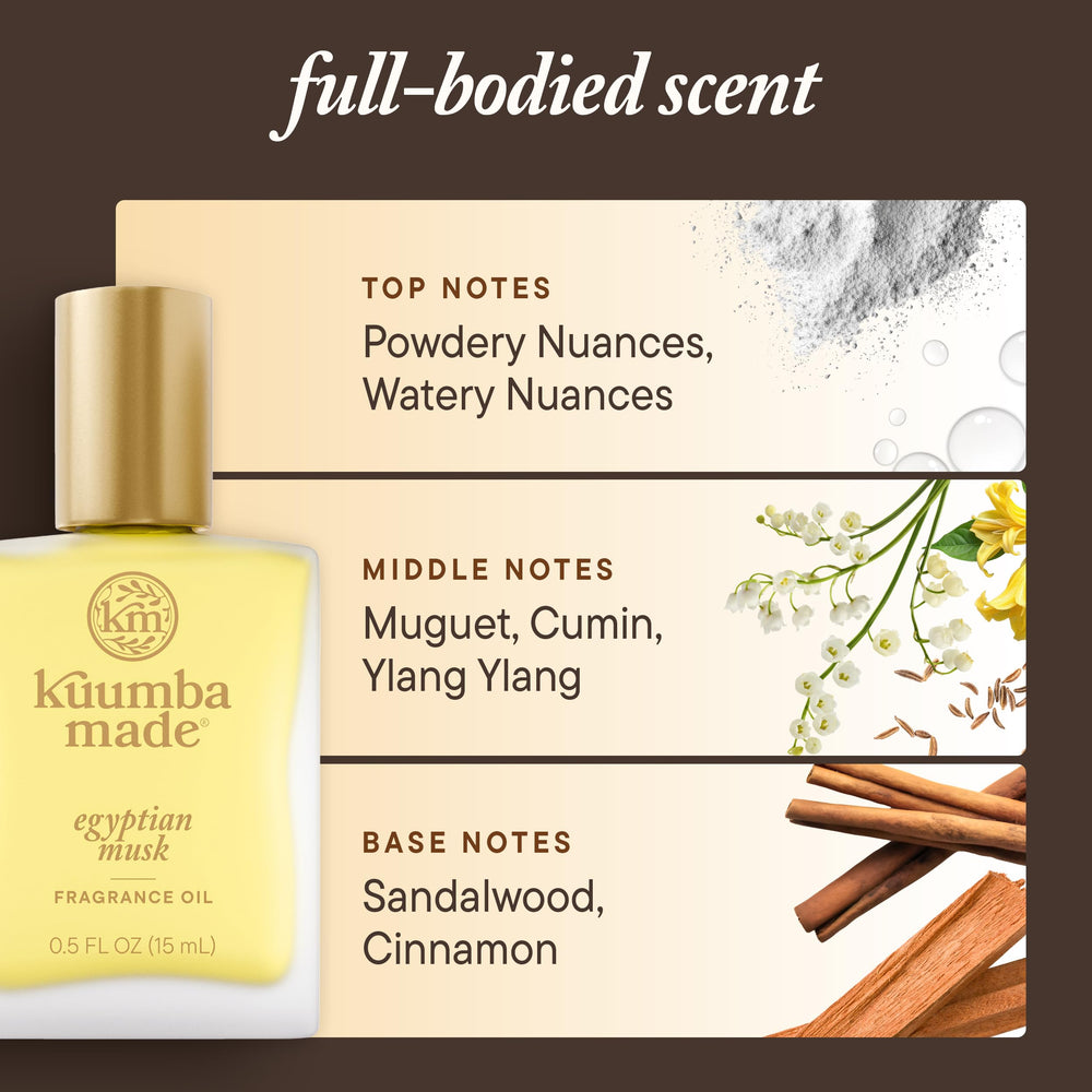 Kuumba Made Egyptian Musk alcohol-free label communicates a clean formula for sensitive use.