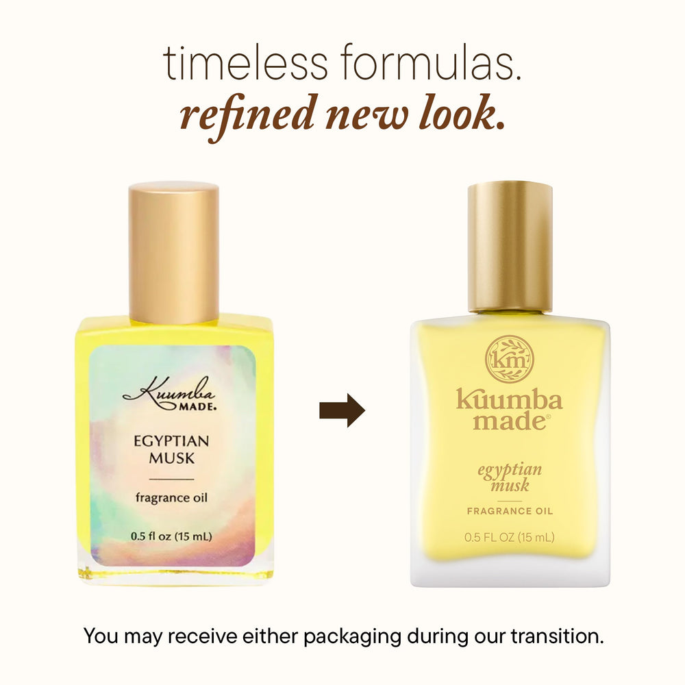 Kuumba Made Egyptian Musk bottle closeup highlights pure, alcohol-free performance for versatile use.