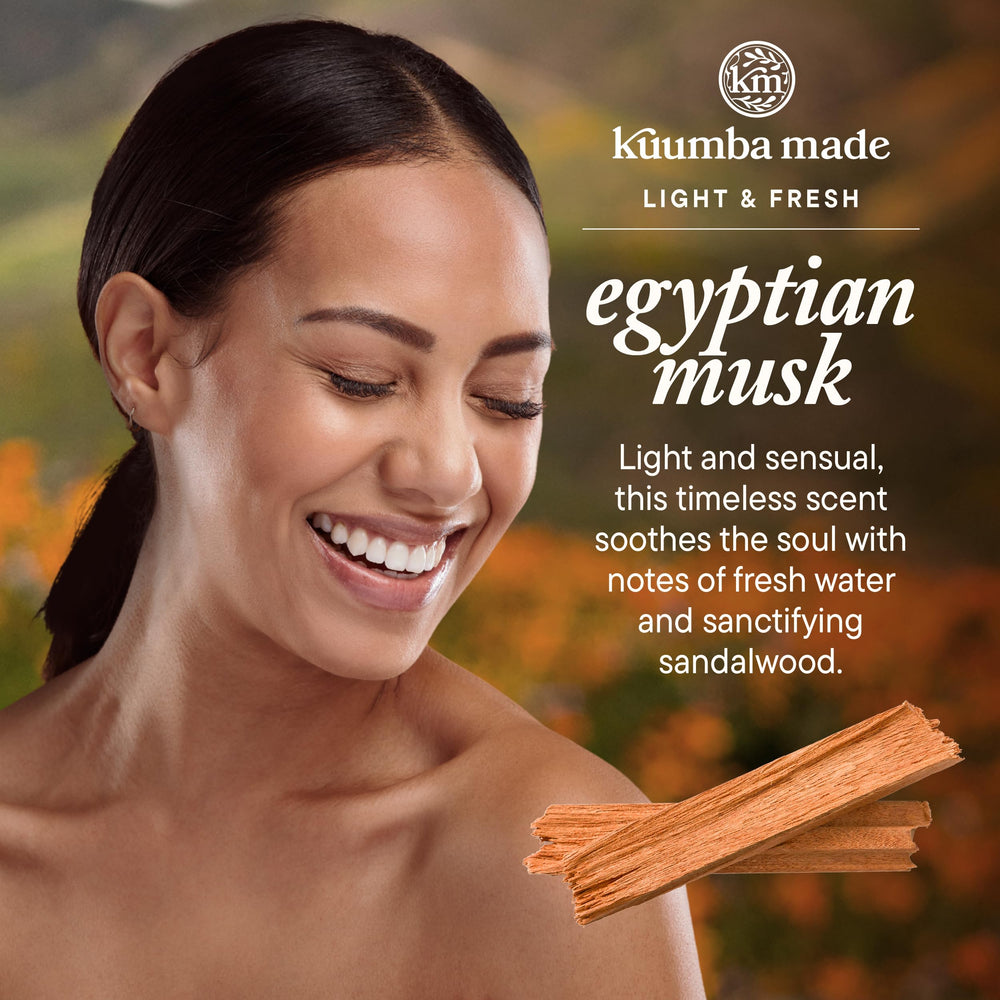 Kuumba Made Egyptian Musk packaging image emphasizes long-lasting fragrance with oil-based concentration.