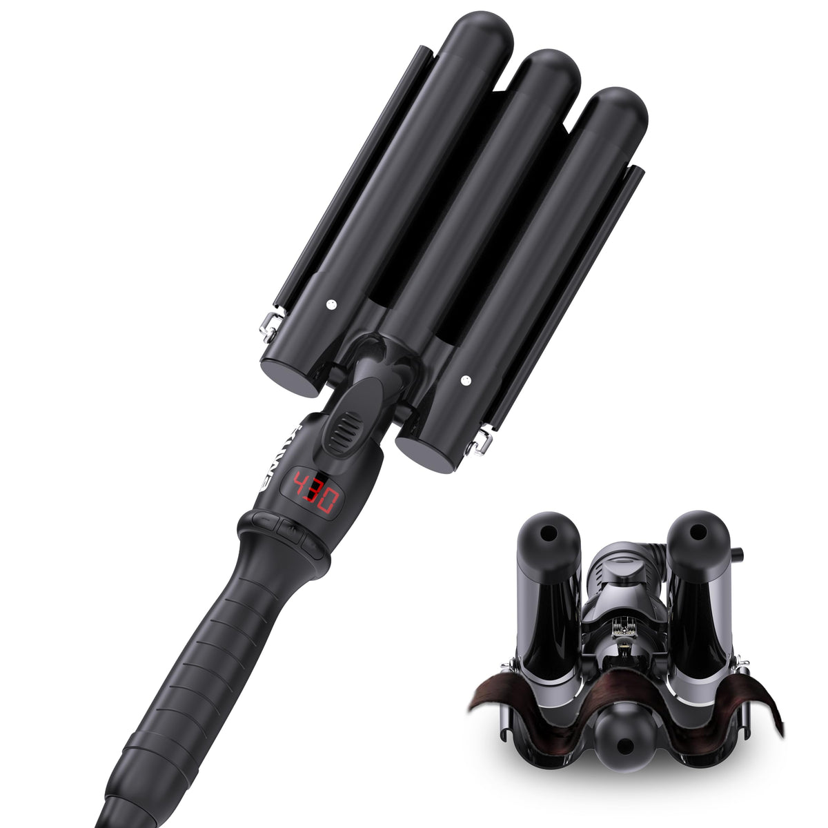 kuwa crimper hair tool three-barrel waves demonstrate beach-ready texture