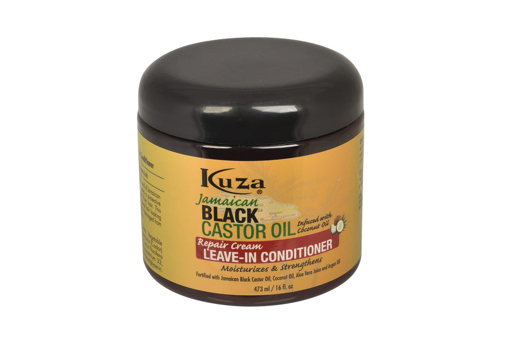 Kuza Jamaican Black Castor Oil Leave-In-Conditioner bottle for daily hydration.
