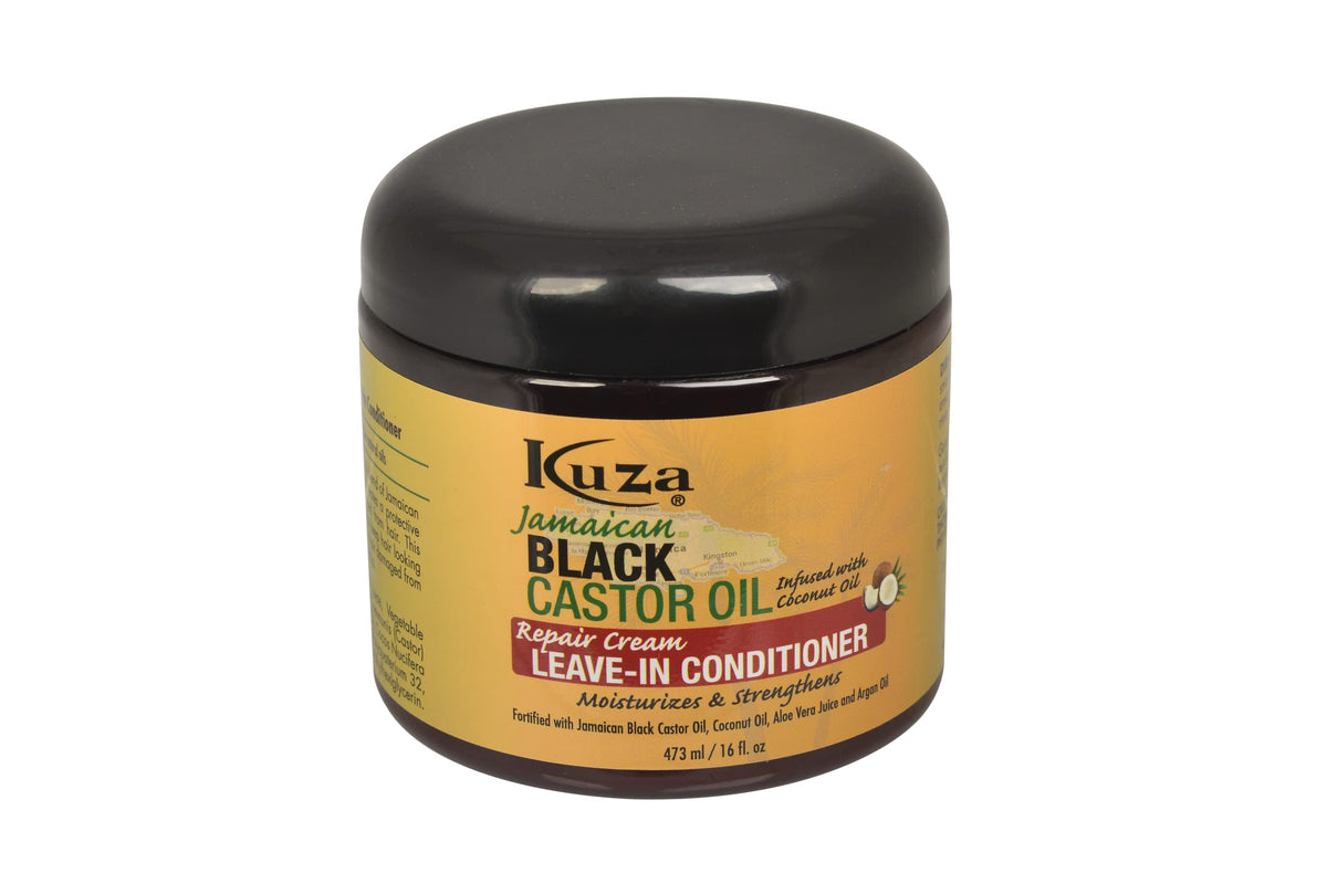 Kuza Jamaican Black Castor Oil Leave-In-Conditioner bottle for daily hydration.