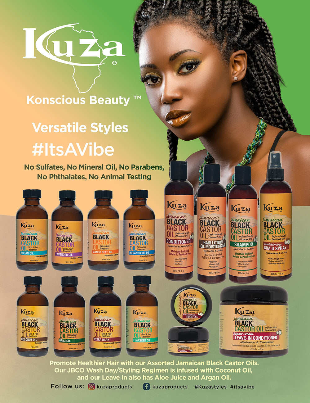 Kuza Jamaican Black Castor Oil Leave-In-Conditioner hair-routine image showing moisturized, smooth strands.