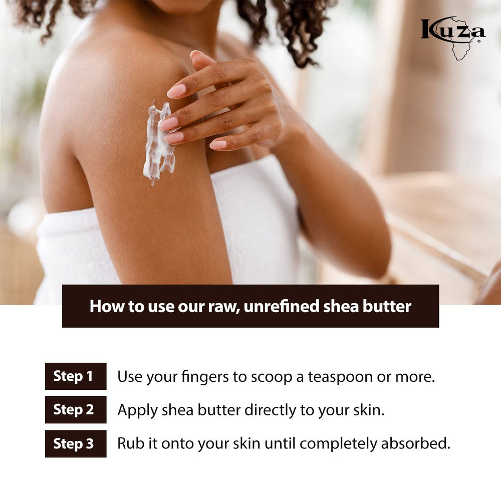 Kuza Shea Butter skin care application, hydrating skin, scent gradually fades