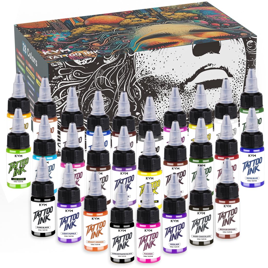 KVM tattoo ink 28-color set packaging shows compact 0.5 oz bottles for easy storage.