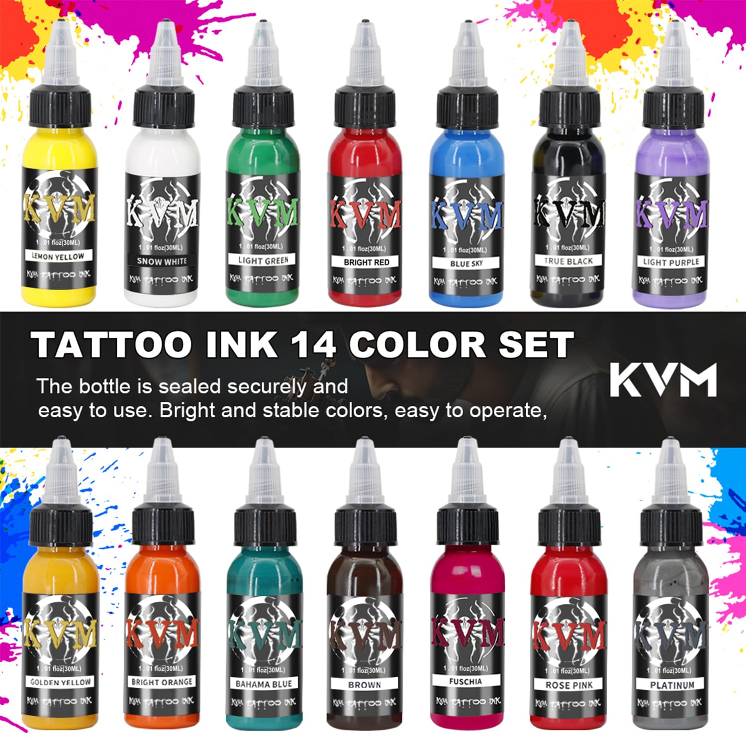 KVM tattoo ink set bottles close-up shows consistent flow for precise work.