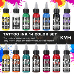 KVM tattoo ink set bottles close-up shows consistent flow for precise work.