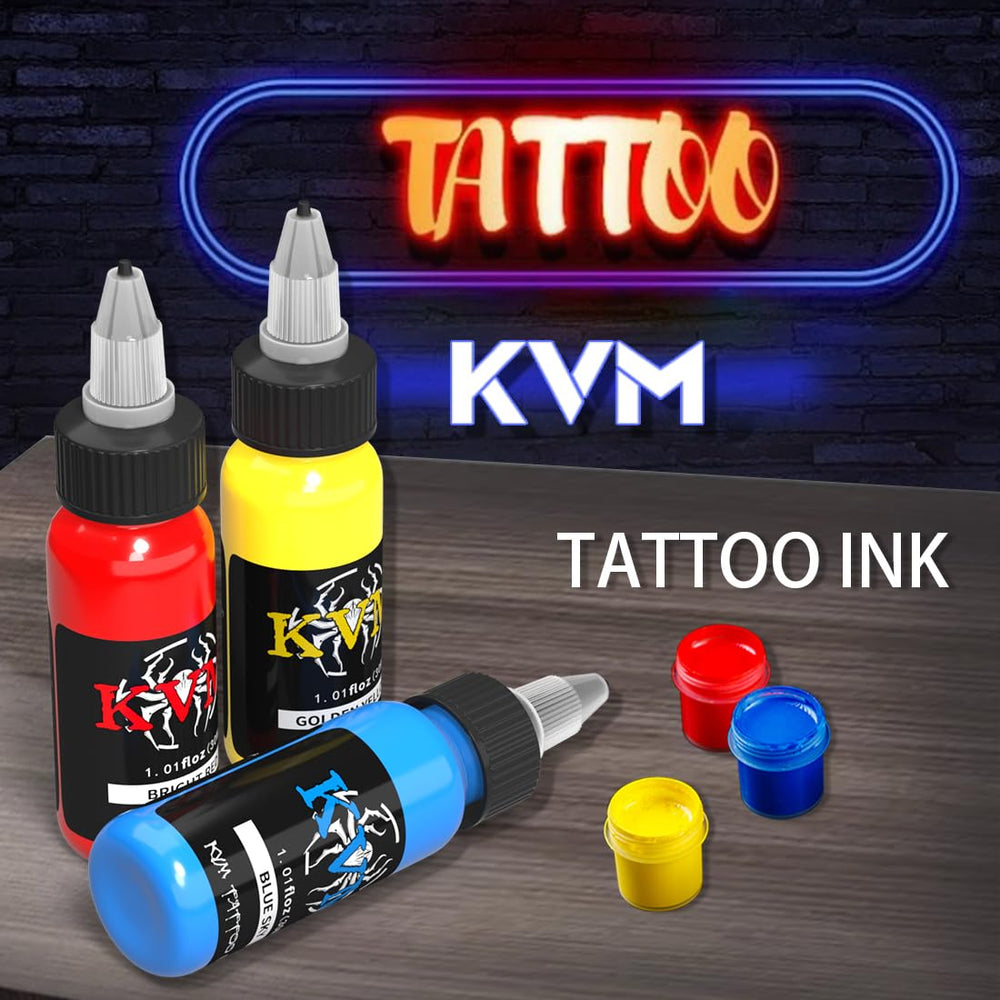 KVM tattoo ink set color swatches illustrate vibrant hues and stable tones.
