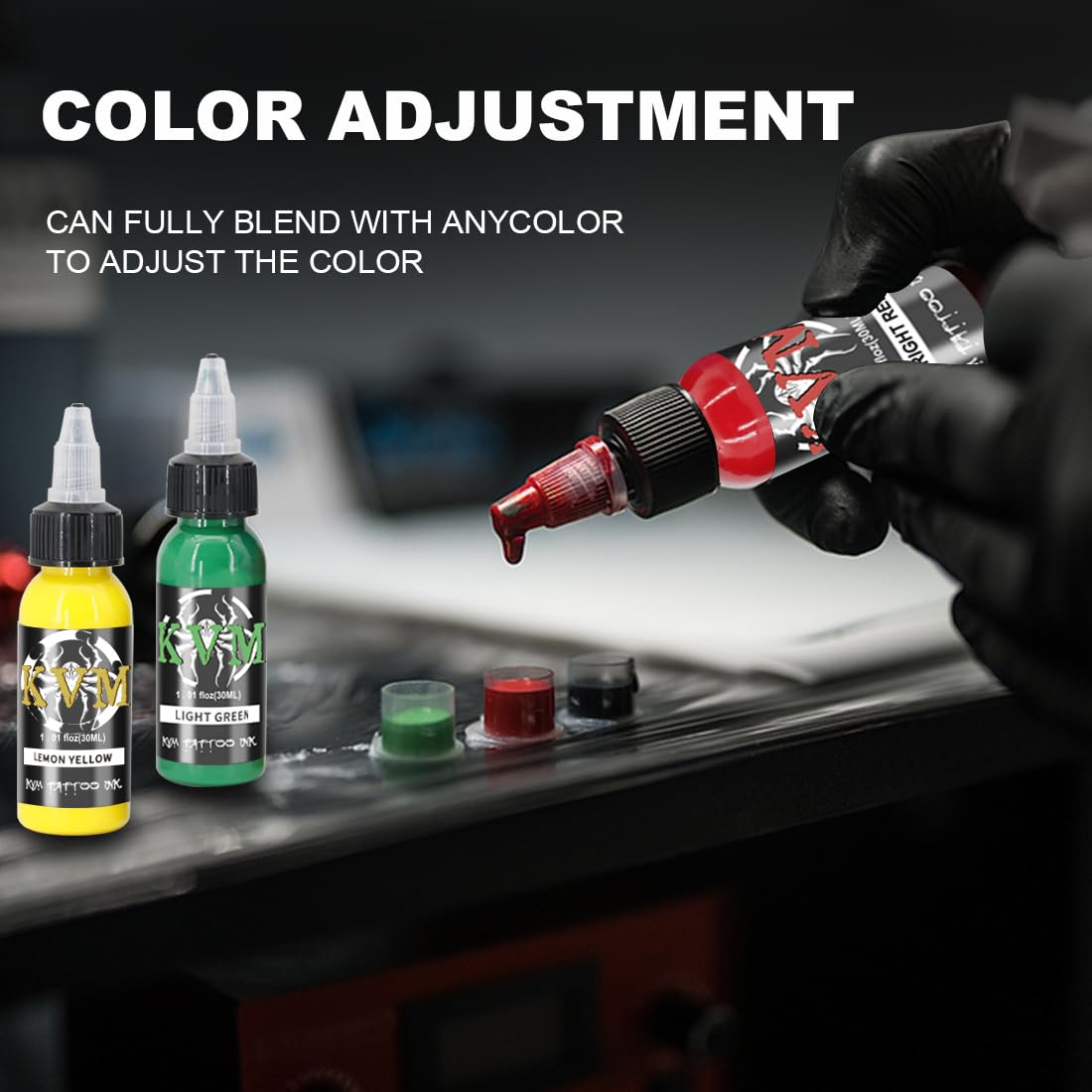 KVM tattoo ink set detailing shot highlights precise outlining and crisp line work.