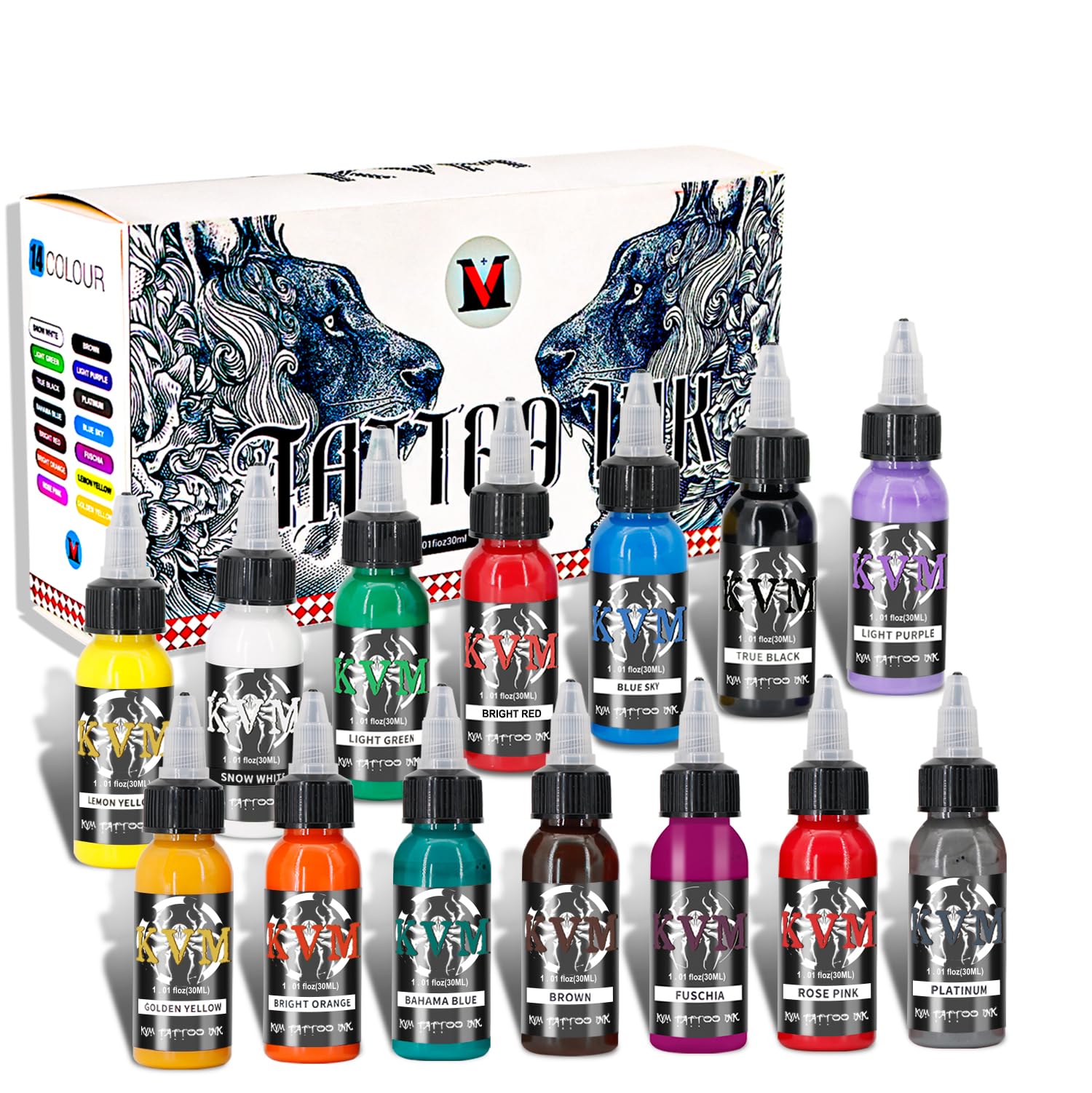 KVM tattoo ink set packaging reveals a 14-color kit for professional studio use.