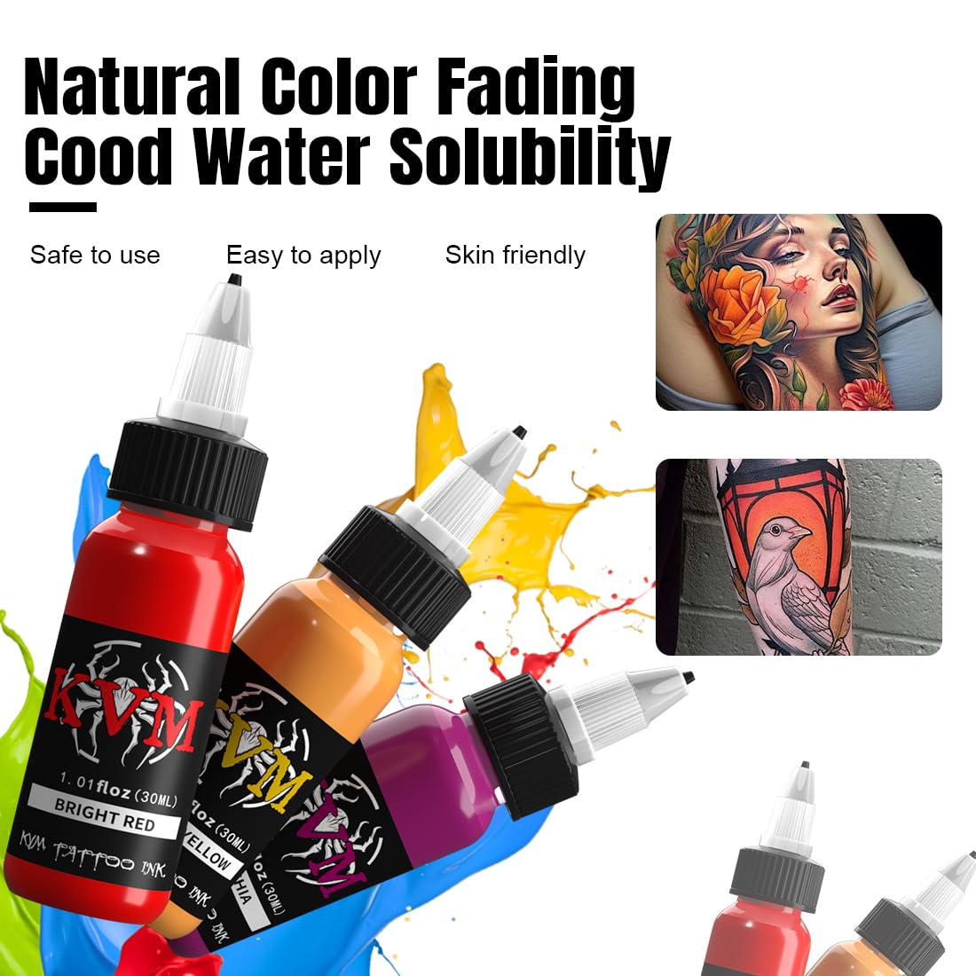 KVM tattoo ink set shading range shows dynamic color depth on skin.