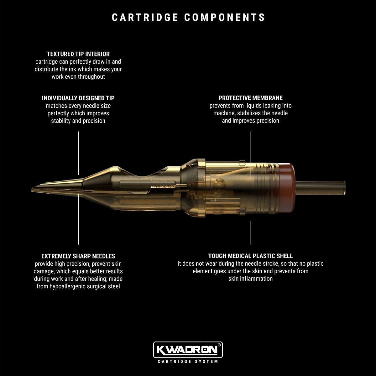 Kwadron 1RLLT-T round liner long taper tip close-up for clean edges.