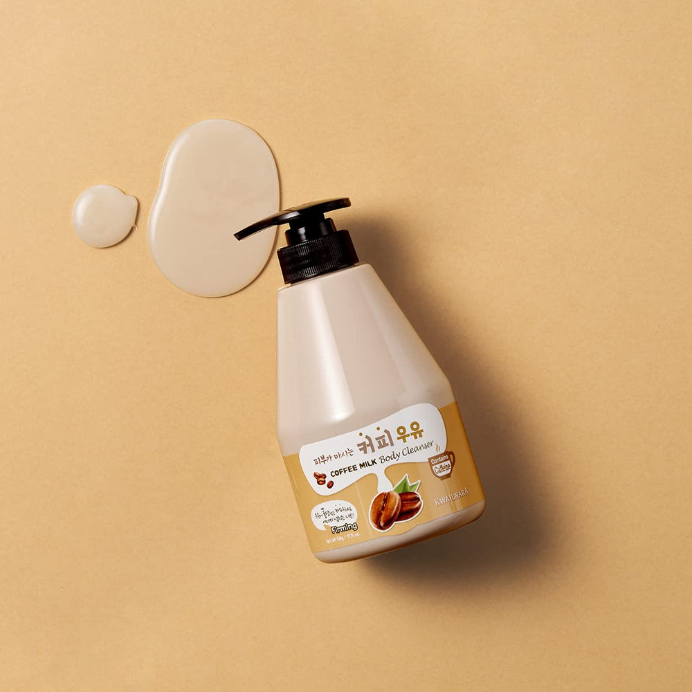 Kwailnara Coffee Milk Body Wash pour highlights glossy texture and inviting aroma for a quick wake-up