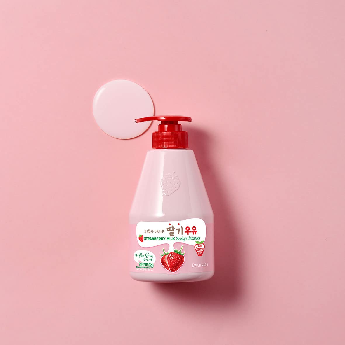 Kwailnara Strawberry Milk Body Wash cruelty-free symbol and dermatologically tested formula.