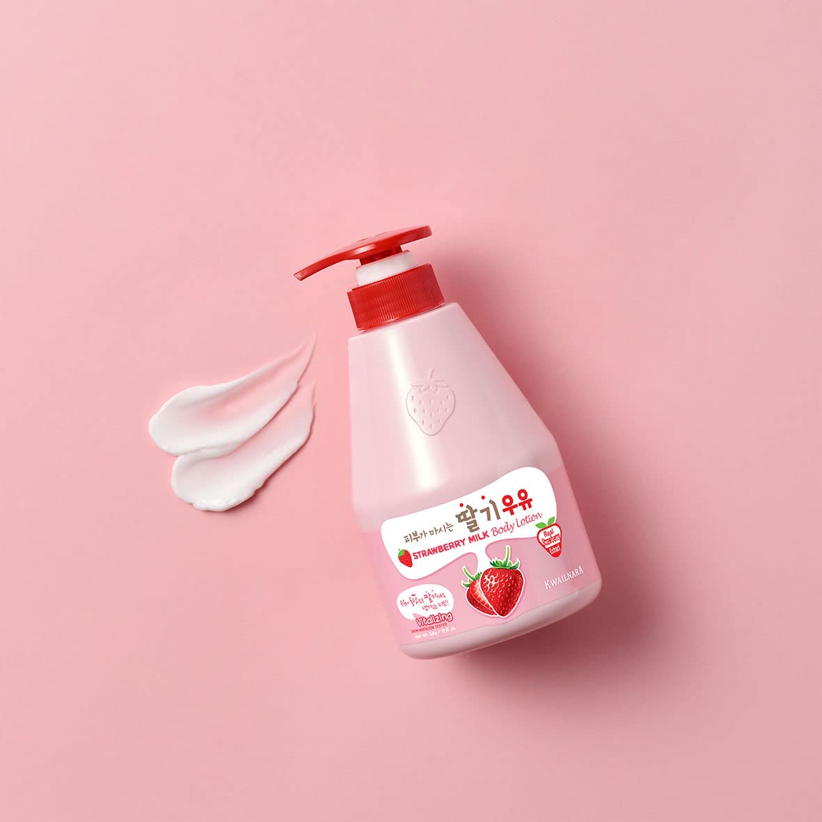 Kwailnara Welcos strawberry milk set on bathroom shelf