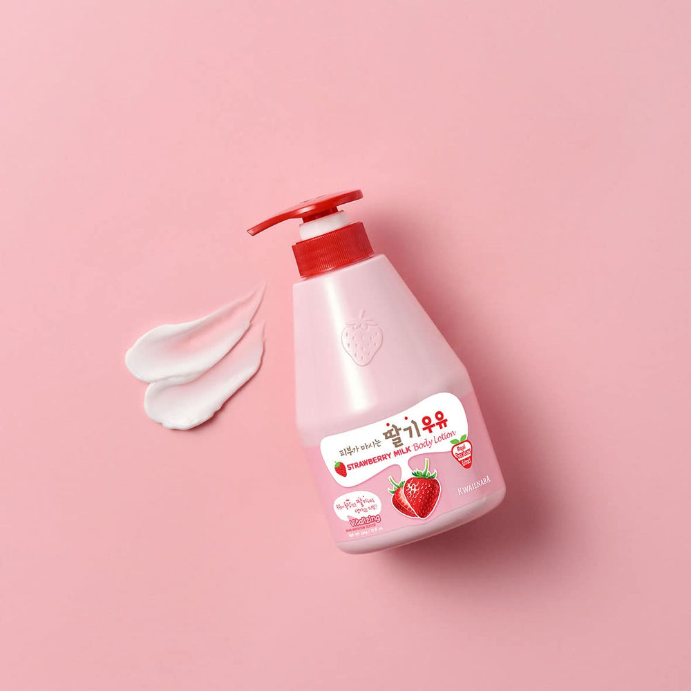 Kwailnara Welcos strawberry milk set on bathroom shelf