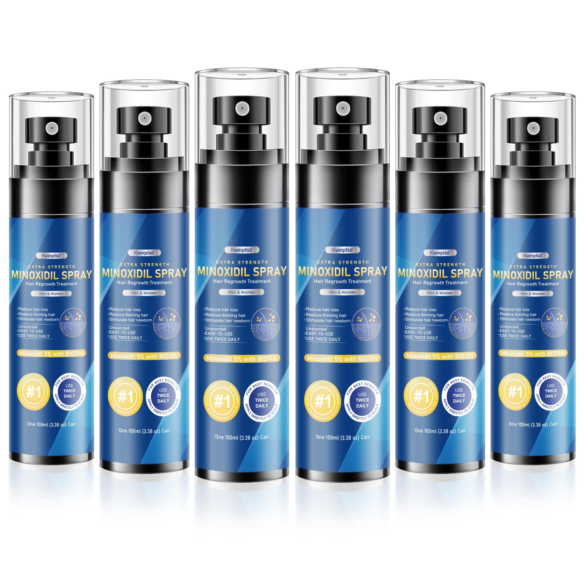 Kweqdsd 5% Minoxidil spray bottle front showing product design for fuller hair support