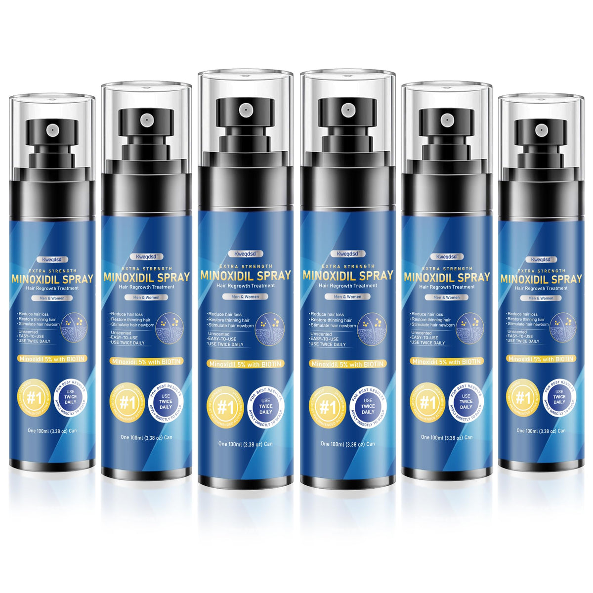 Kweqdsd 5% Minoxidil spray bottle front showing product design for fuller hair support