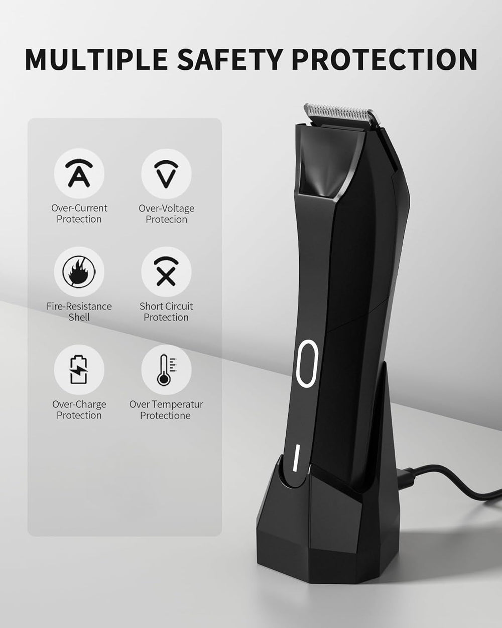 KWRNVO Manscaped 4.0 charger dock safety features with certifications.