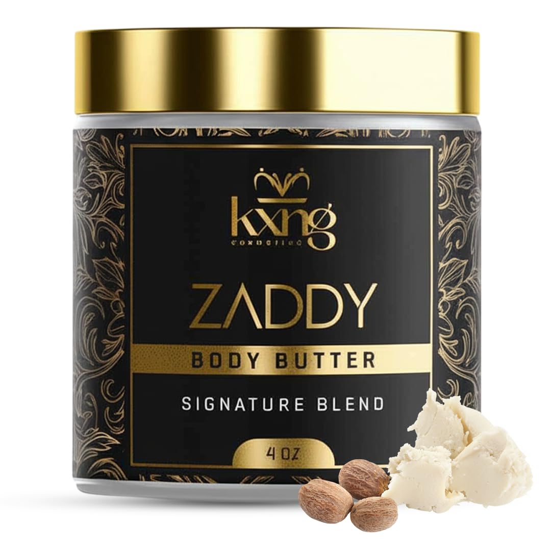 KXNG Cosmetics Organic Shea Body Butter Cream 4oz bottle showcases rich hydration for dry skin.