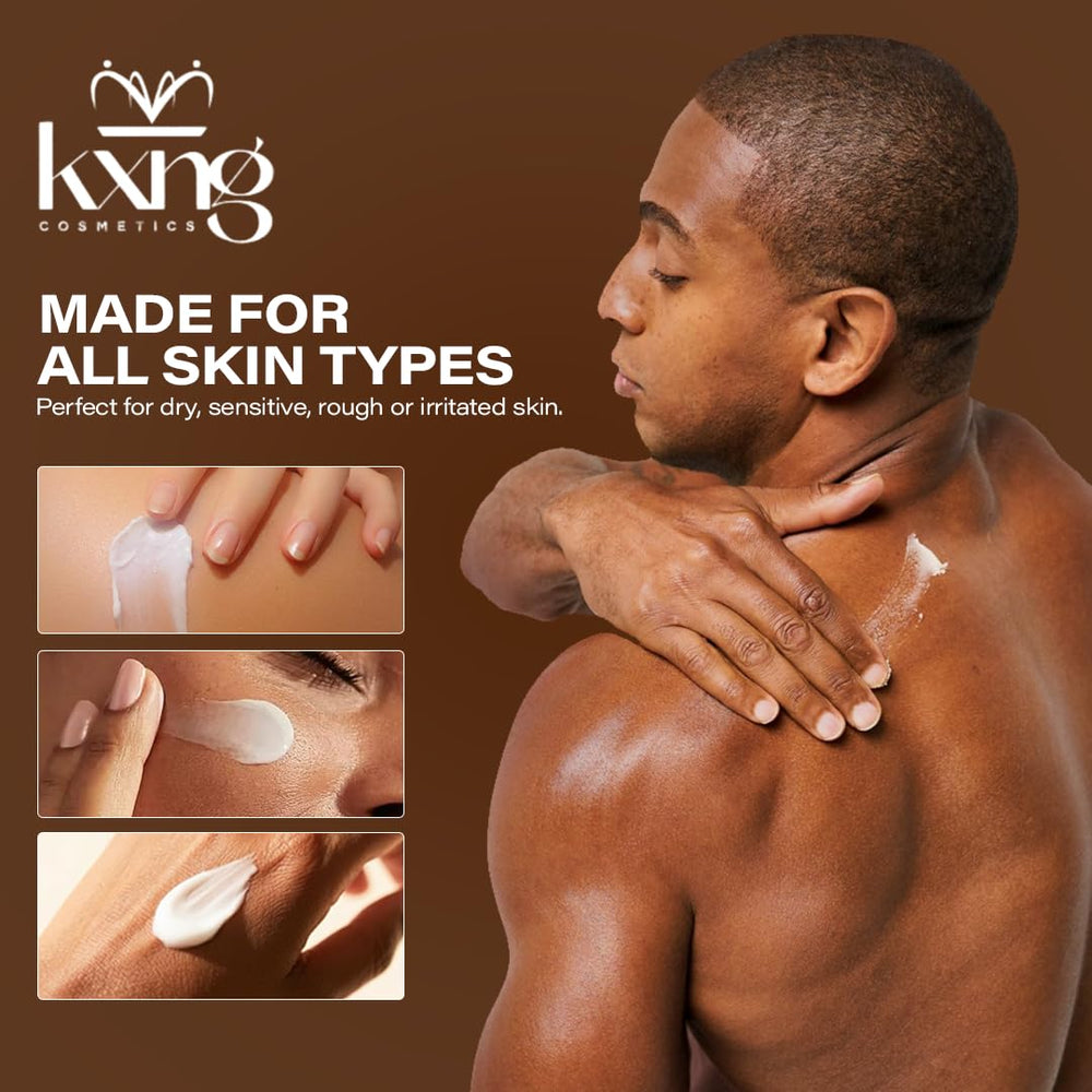 KXNG Cosmetics Organic Shea Body Butter Cream feet application highlights smooth, comfortable foot skin.