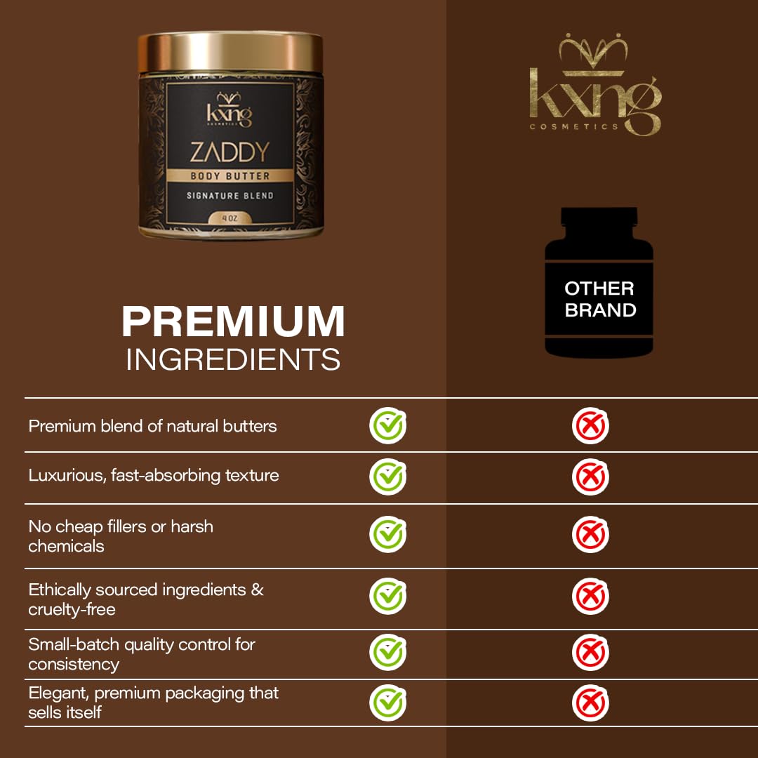KXNG Cosmetics Organic Shea Body Butter Cream ingredients closeup emphasizes nourishing butters and oils.