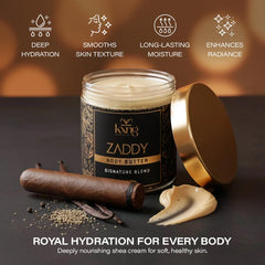 KXNG Cosmetics Organic Shea Body Butter Cream texture closeup highlights non-greasy, fast-absorbing hydration.