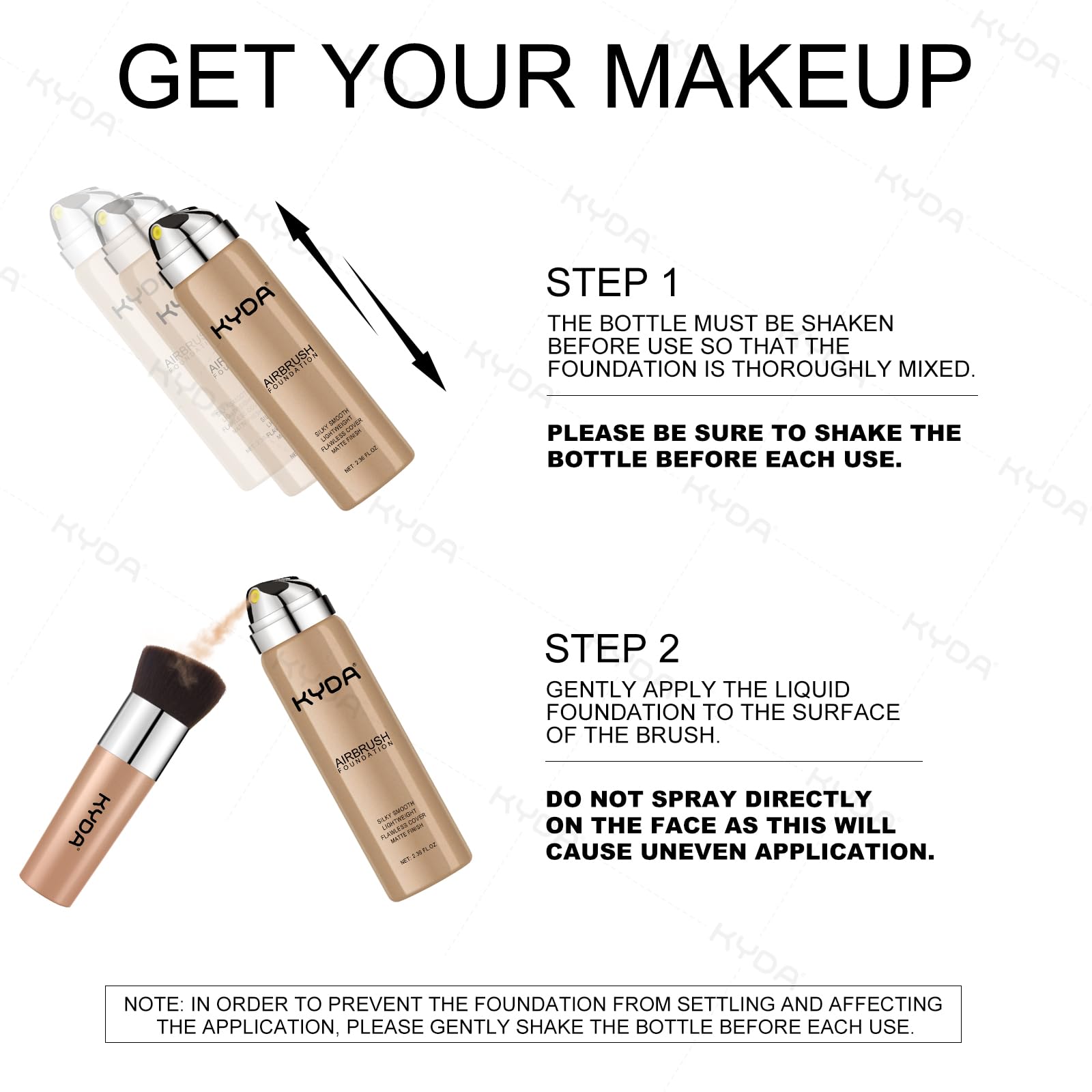 KYDA AirBrush Foundation Spray applied with a brush for smooth, crease-free coverage.