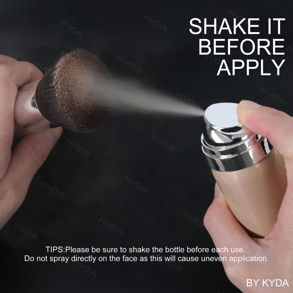 KYDA AirBrush spray light veil application demonstrated on a makeup puff.