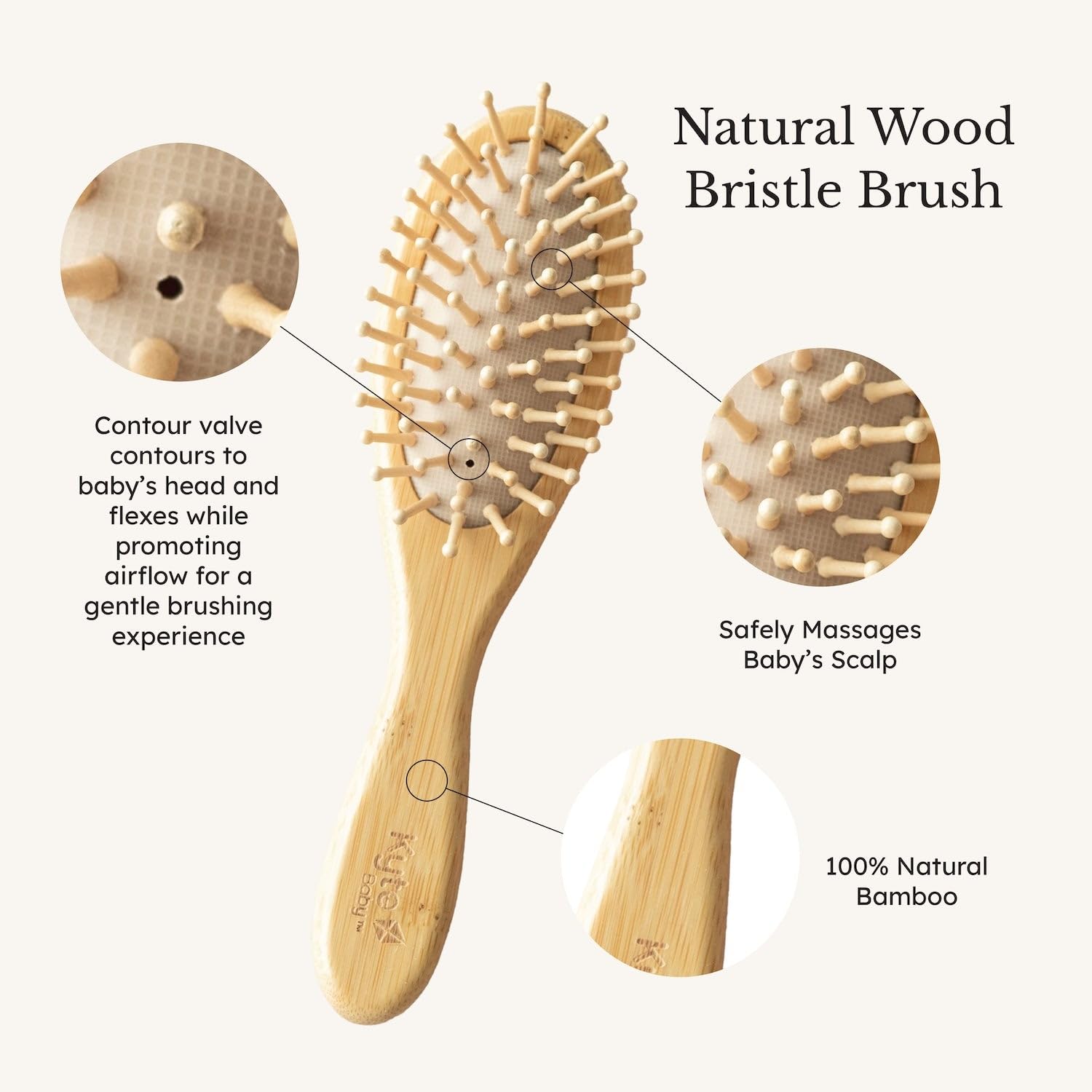 Kyte Baby brush set on baby hair shows gentle touch during brushing.