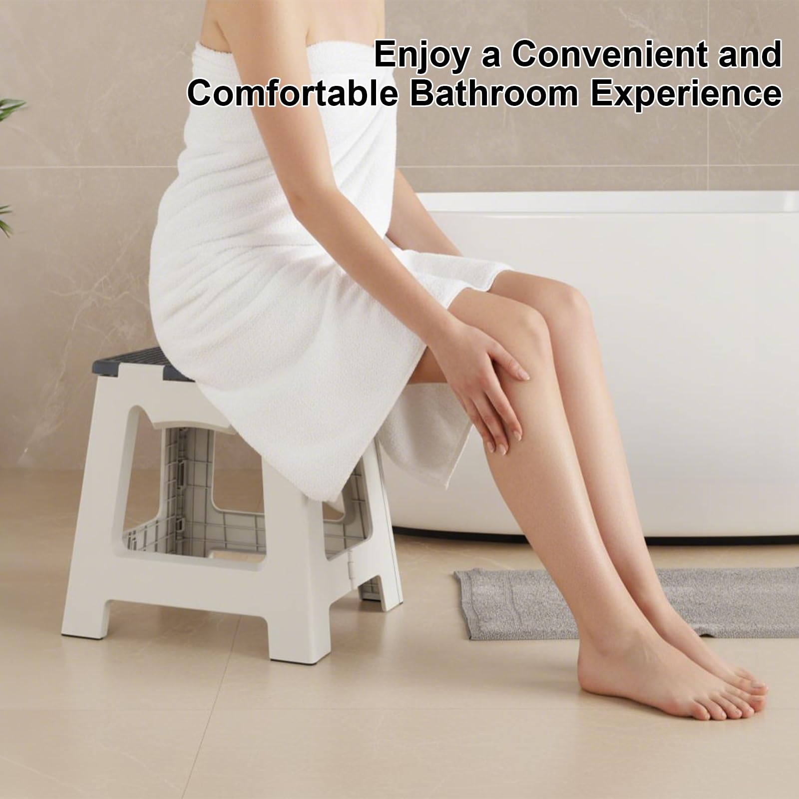 Kzeirm foldable shower stool 13-inch-height provides stable step support for shaving legs.