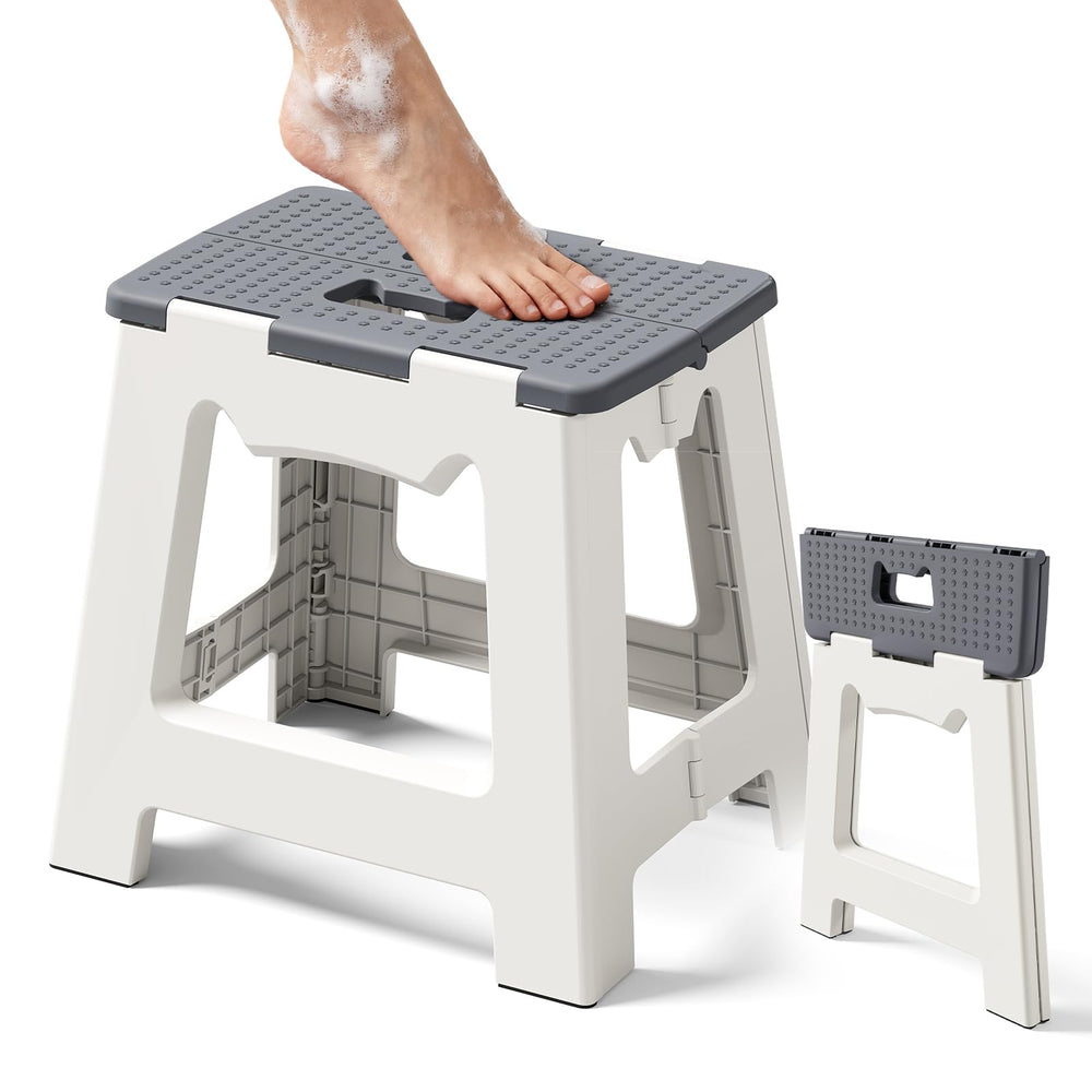 Kzeirm foldable shower stool closed-fold saves space in small bathrooms.