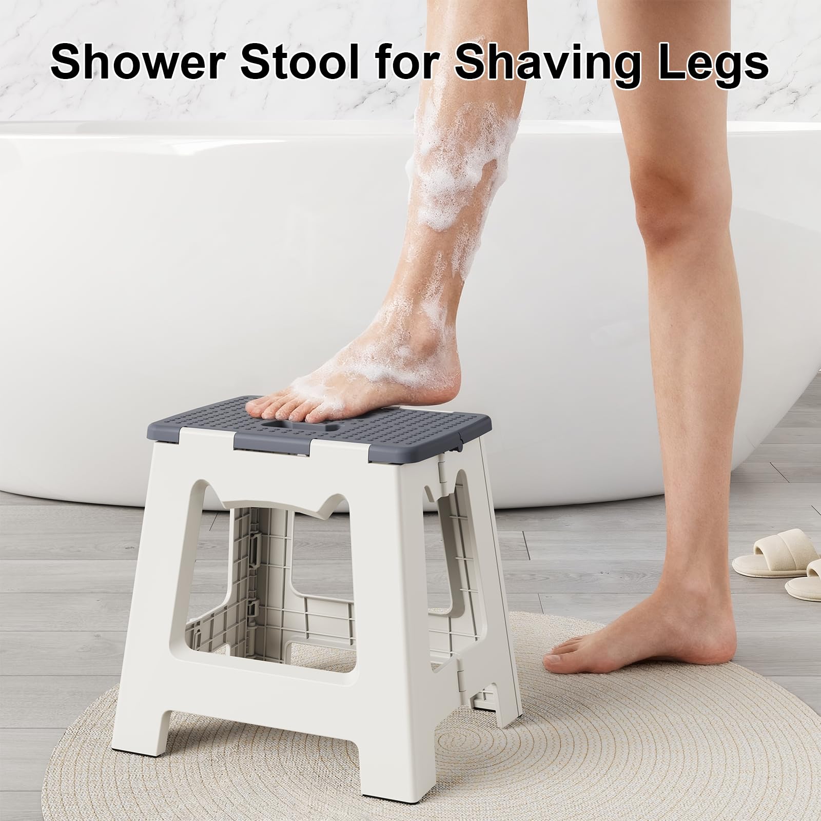 Kzeirm foldable shower stool waterproof-material shows durable, moisture-resistant construction for humid baths.