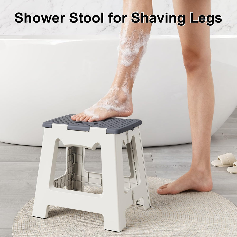 Kzeirm foldable shower stool waterproof-material shows durable, moisture-resistant construction for humid baths.