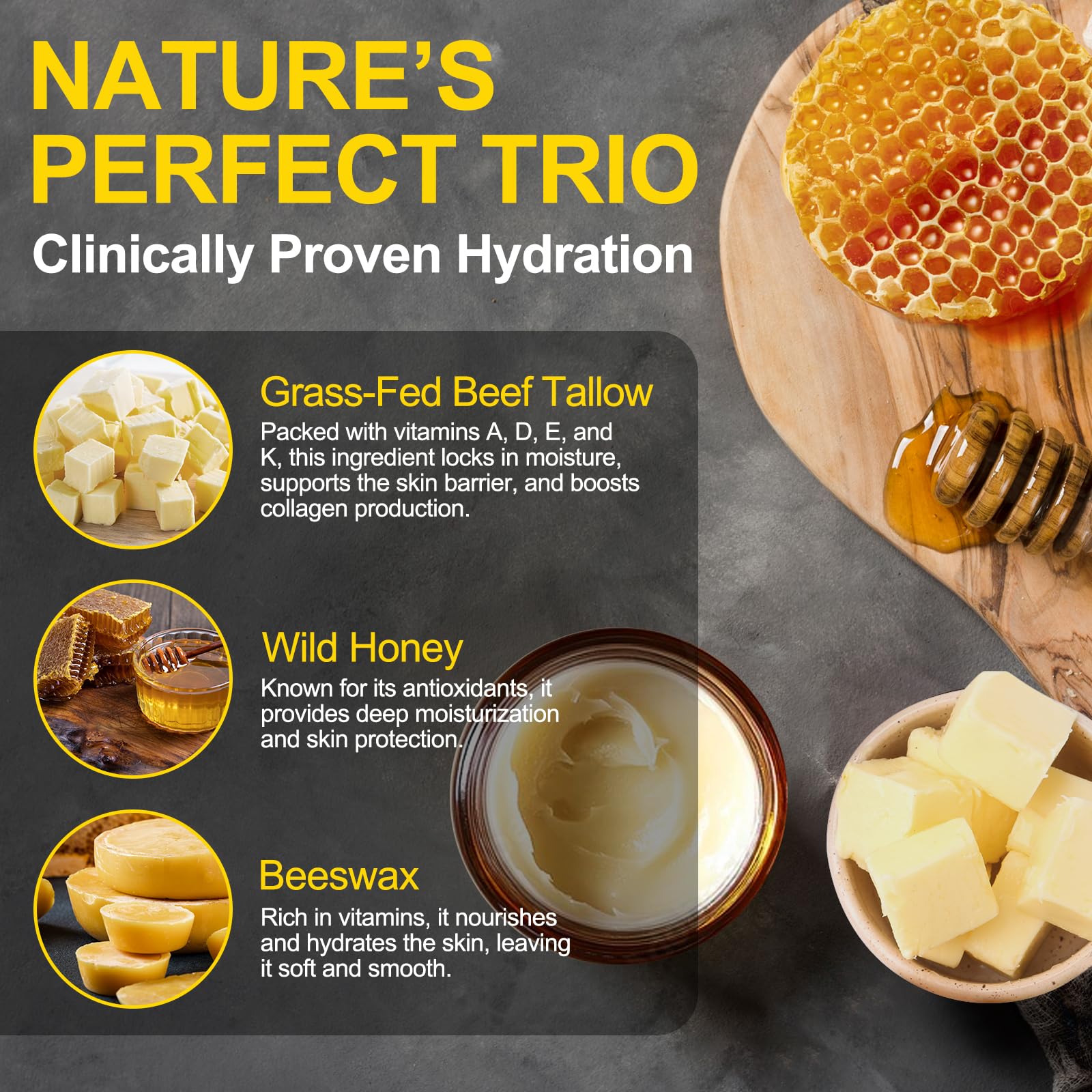 KZUO Beef Tallow ingredients show grass-fed tallow and raw honey.