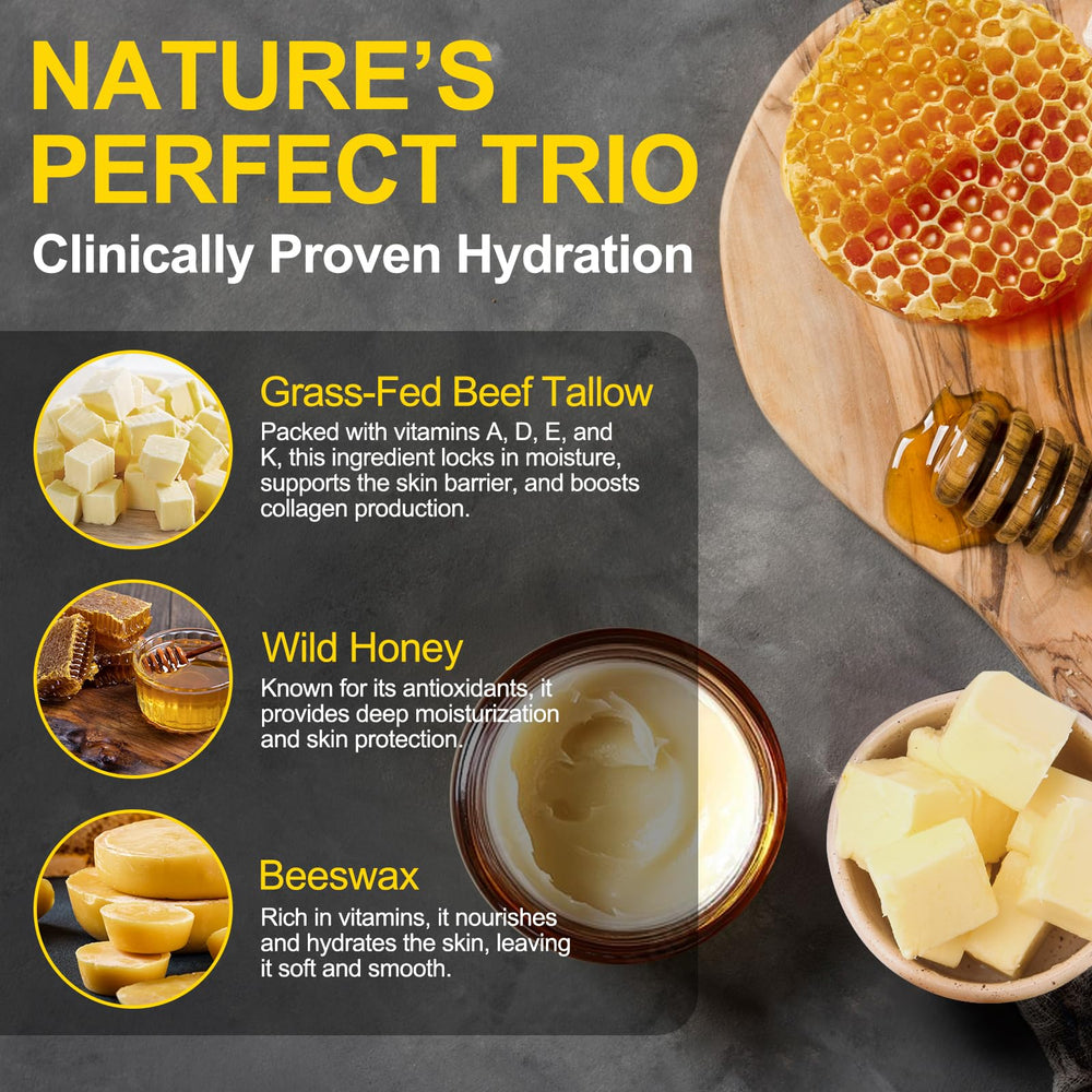 KZUO Beef Tallow ingredients show grass-fed tallow and raw honey.