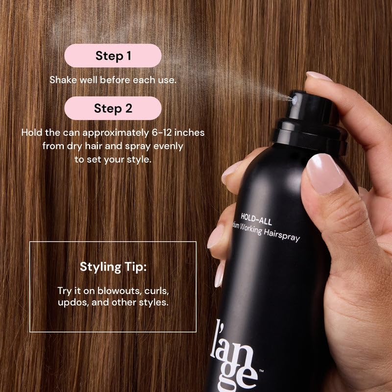 L'ANGE HAIR Hold-All spray-action shows easy, brushable application with lightweight feel.