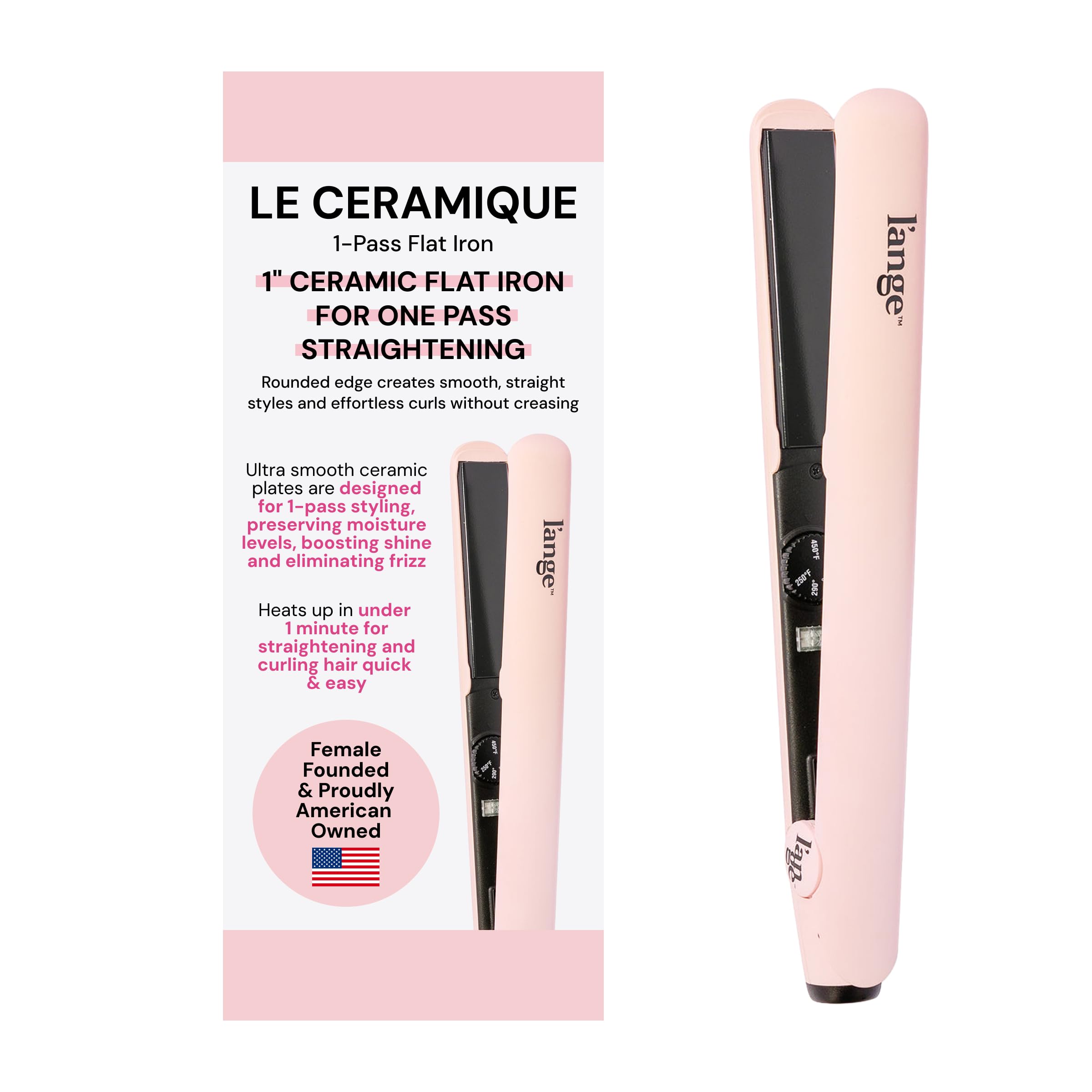 L'ANGE HAIR Le Ceramique 1-Pass Flat Iron front view for quick styling.