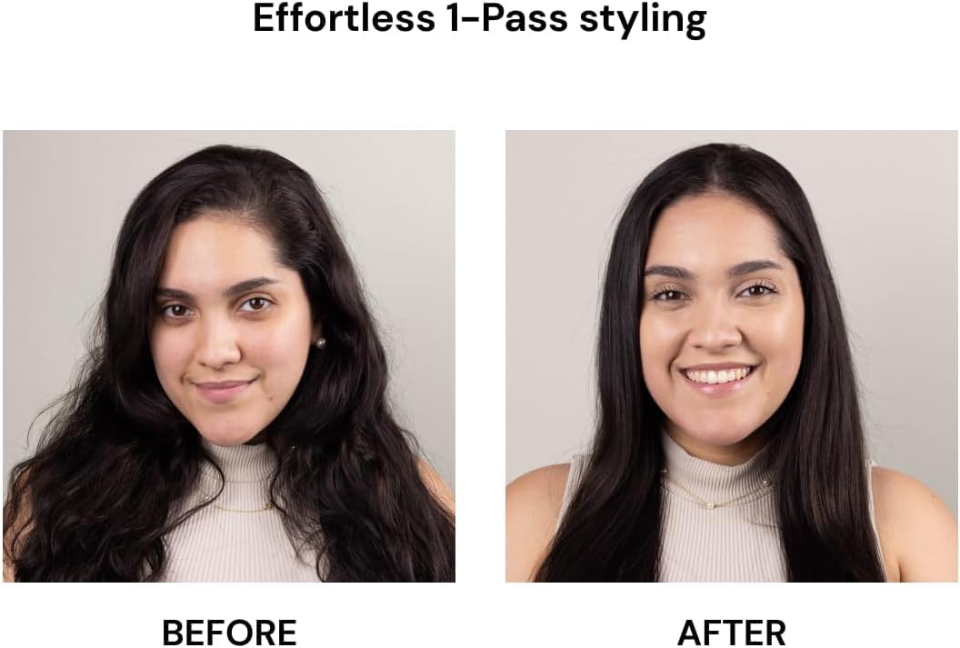 L'ANGE HAIR Le Ceramique 1-Pass Flat Iron reduces frizz with moisture-locking ceramic coating.
