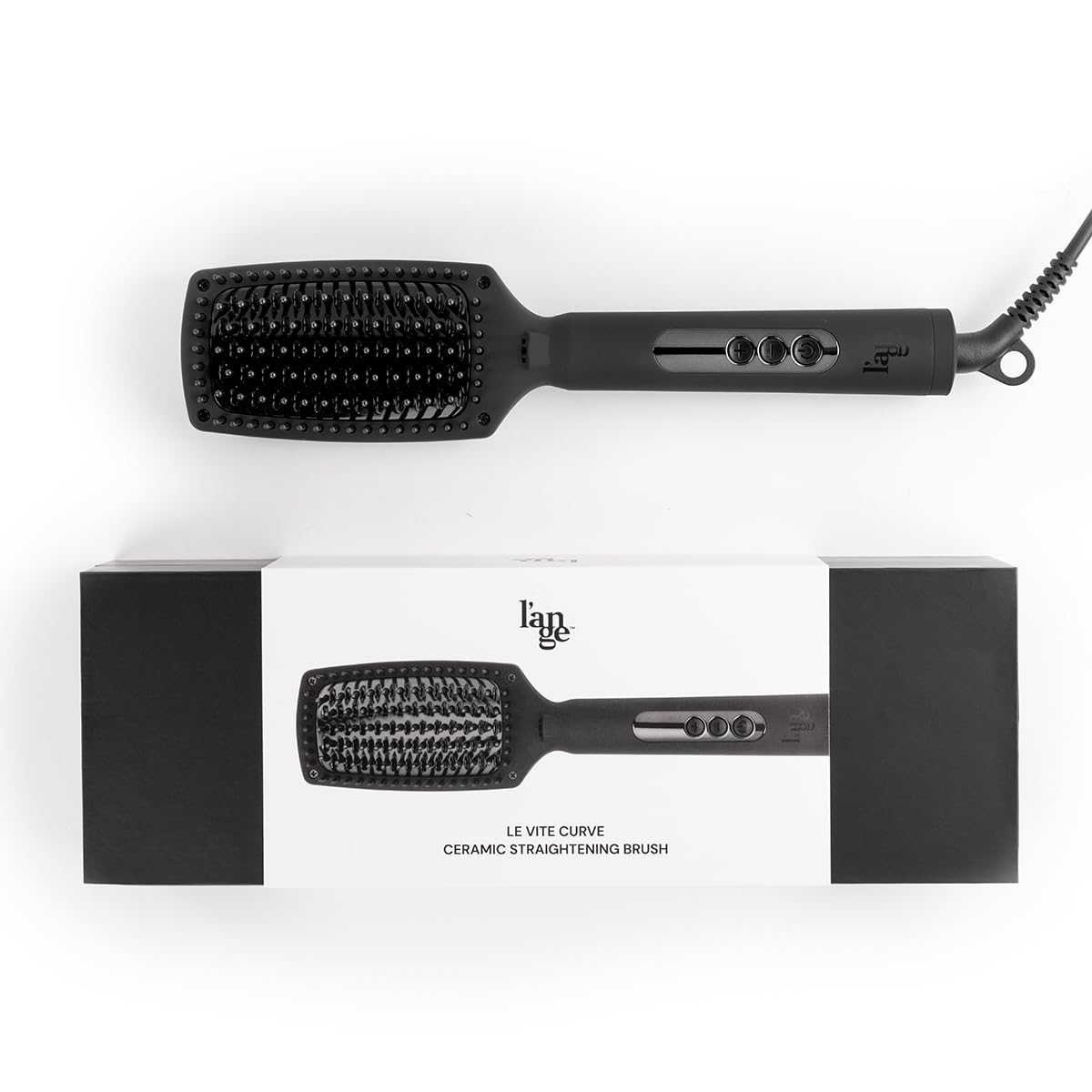 L'ANGE HAIR Le Vite Curve brush packaging highlights the 170–450°F range and auto shutoff features.