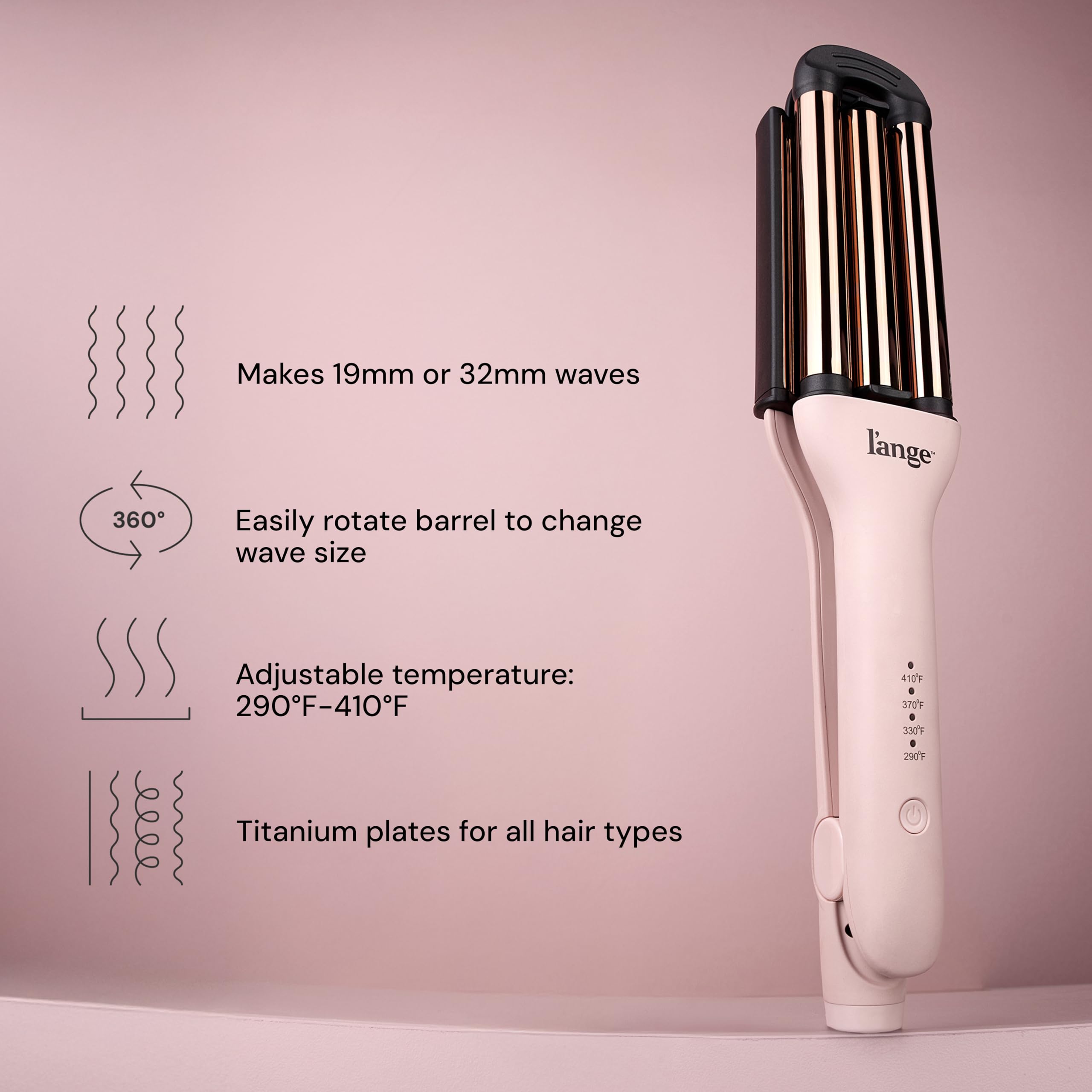 L'ANGE Hair VersaWaver creates defined 19mm waves with lasting texture.