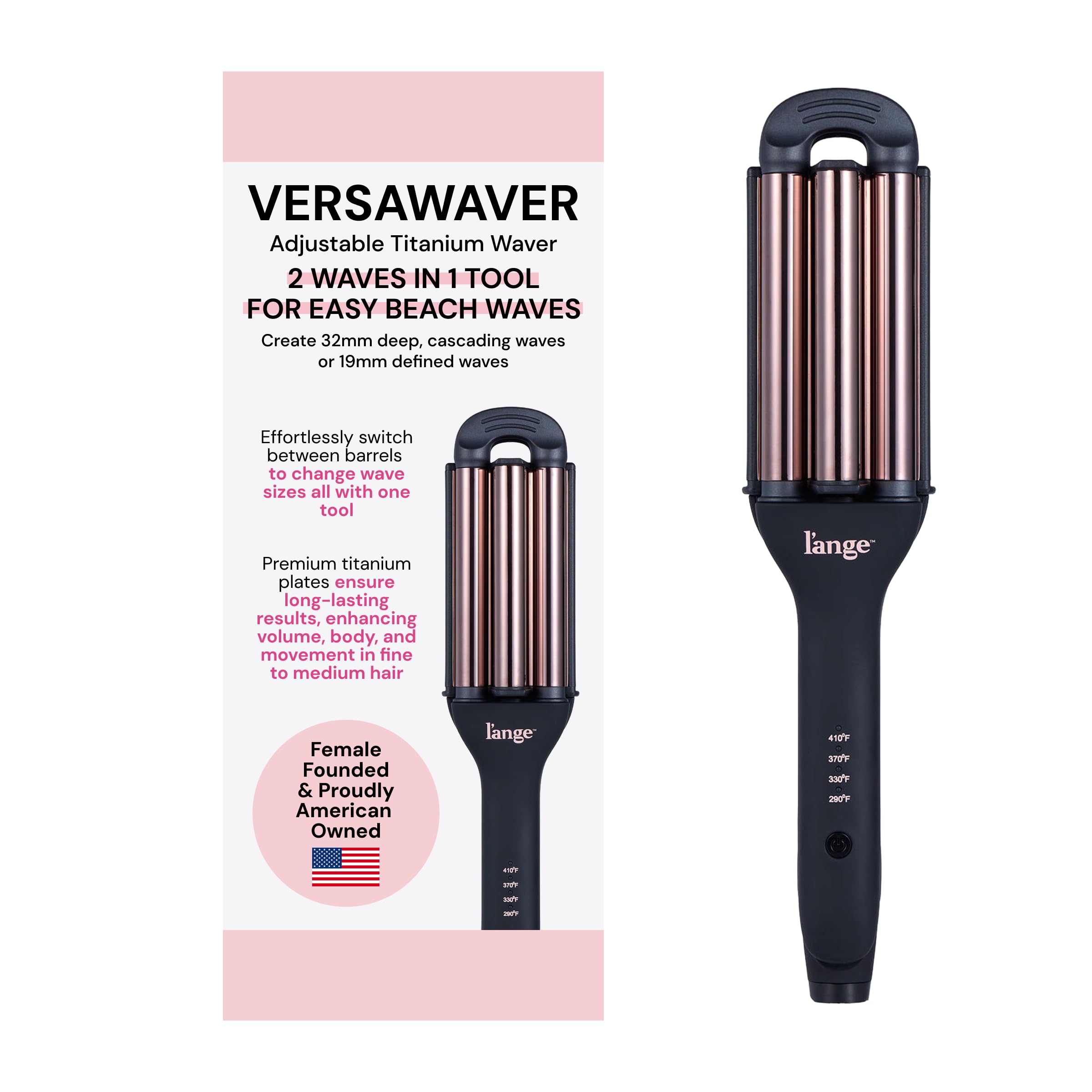 L'ANGE Hair VersaWaver delivers 32mm waves for voluminous, long-lasting style.