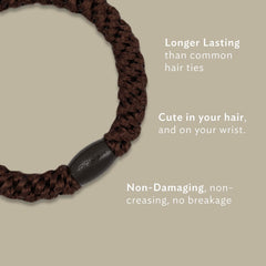 L. Erickson Grab & Go ponytail holders show 3/8-inch bands for comfortable, creaseless wear.