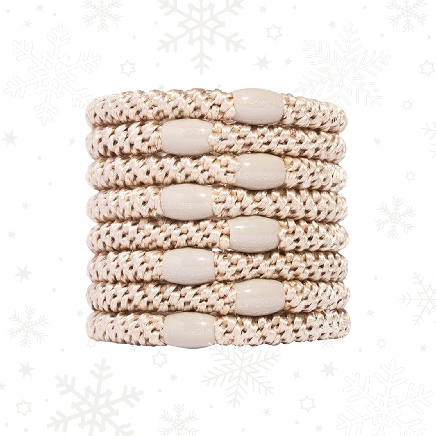 L. Erickson 8-pack camel beige pony hair ties for strong, creaseless hold.