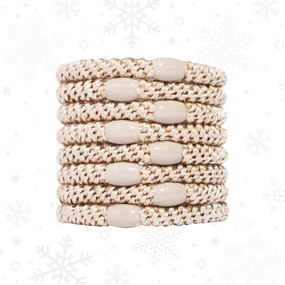 L. Erickson 8-pack camel beige pony hair ties for strong, creaseless hold.