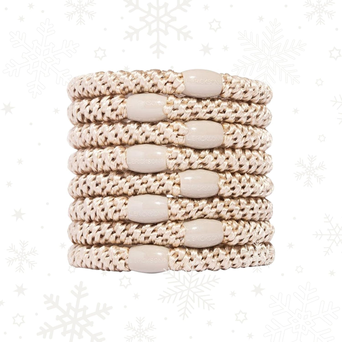 L. Erickson 8-pack camel beige pony hair ties for strong, creaseless hold.